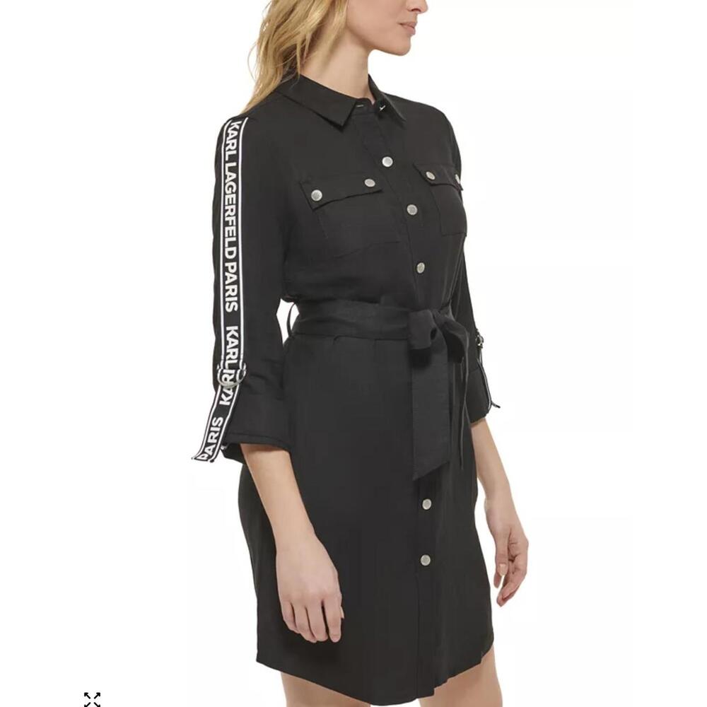 Karl Lagerfeld Paris Black Button-Up Shirt Dress with Logo Tape Sleeves Size 4 - Picture 2 of 6
